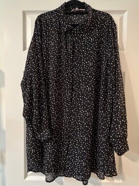 Addition Elle Black Button-Down Shirt with White Dot Print